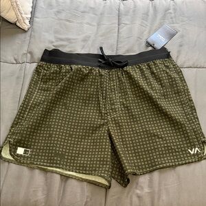 RVCA Olive Checkered Shorts with Black Waistband